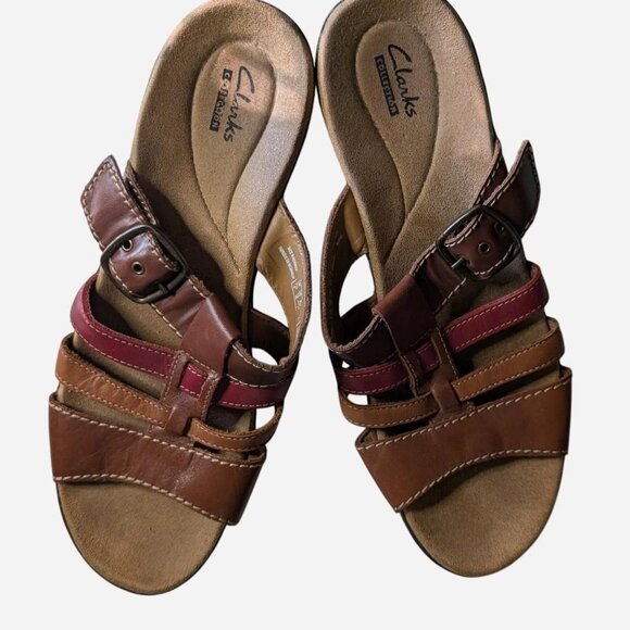 Clarks Leather Slide Sandals Brown/Red • Size 10W • Leisa Bora - Picture 1 of 4
